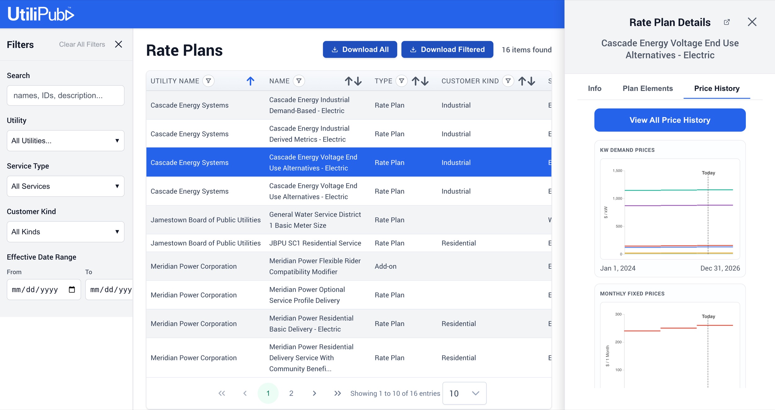 UtiliPub™ rate plan details view showing structured rate data
